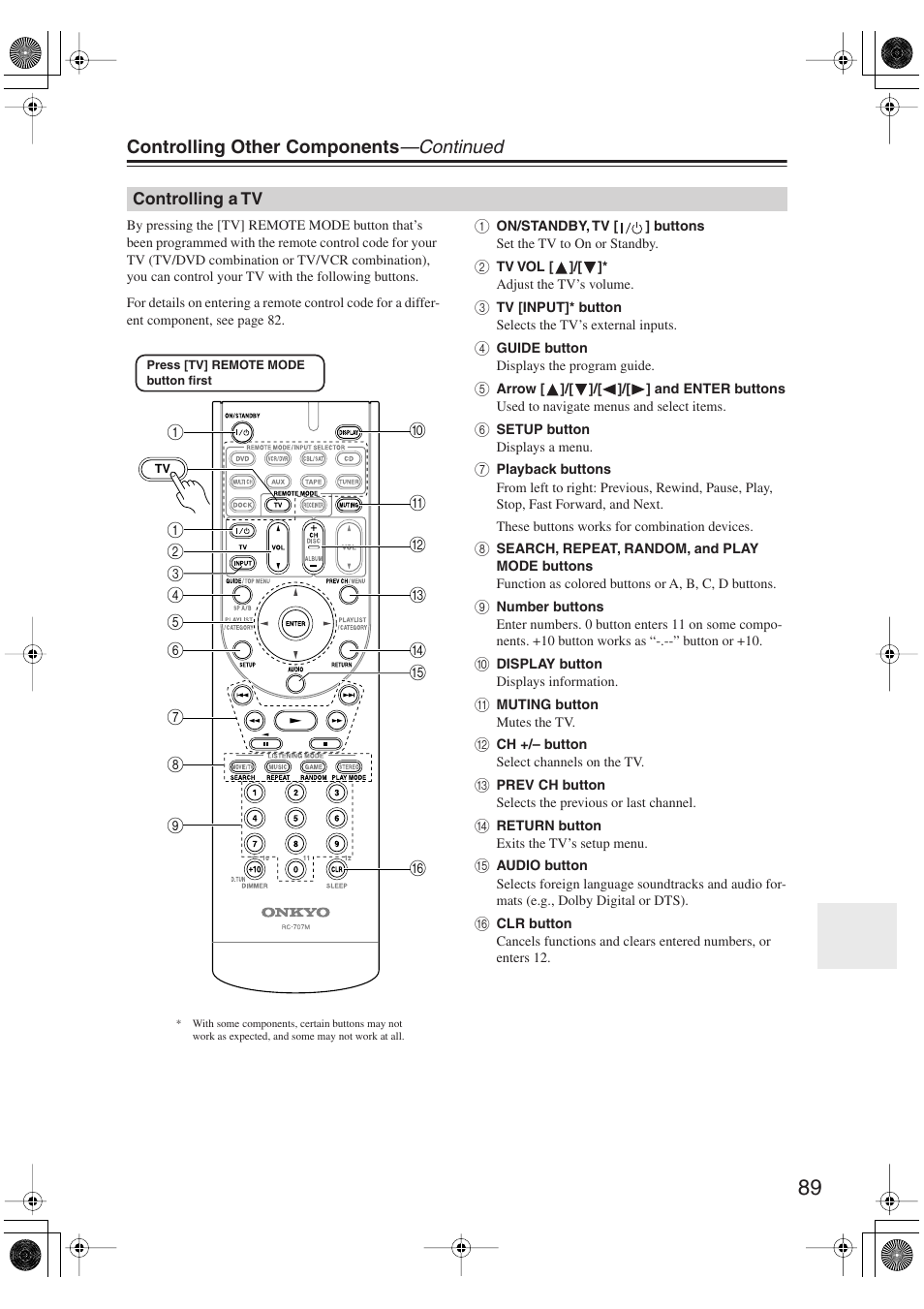 Controlling a tv, Controlling other components —continued | Onkyo HT S5100 User Manual | Page 89 / 96