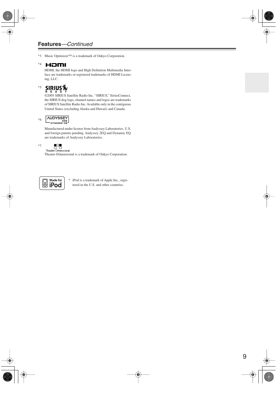 Features —continued | Onkyo HT S5100 User Manual | Page 9 / 96