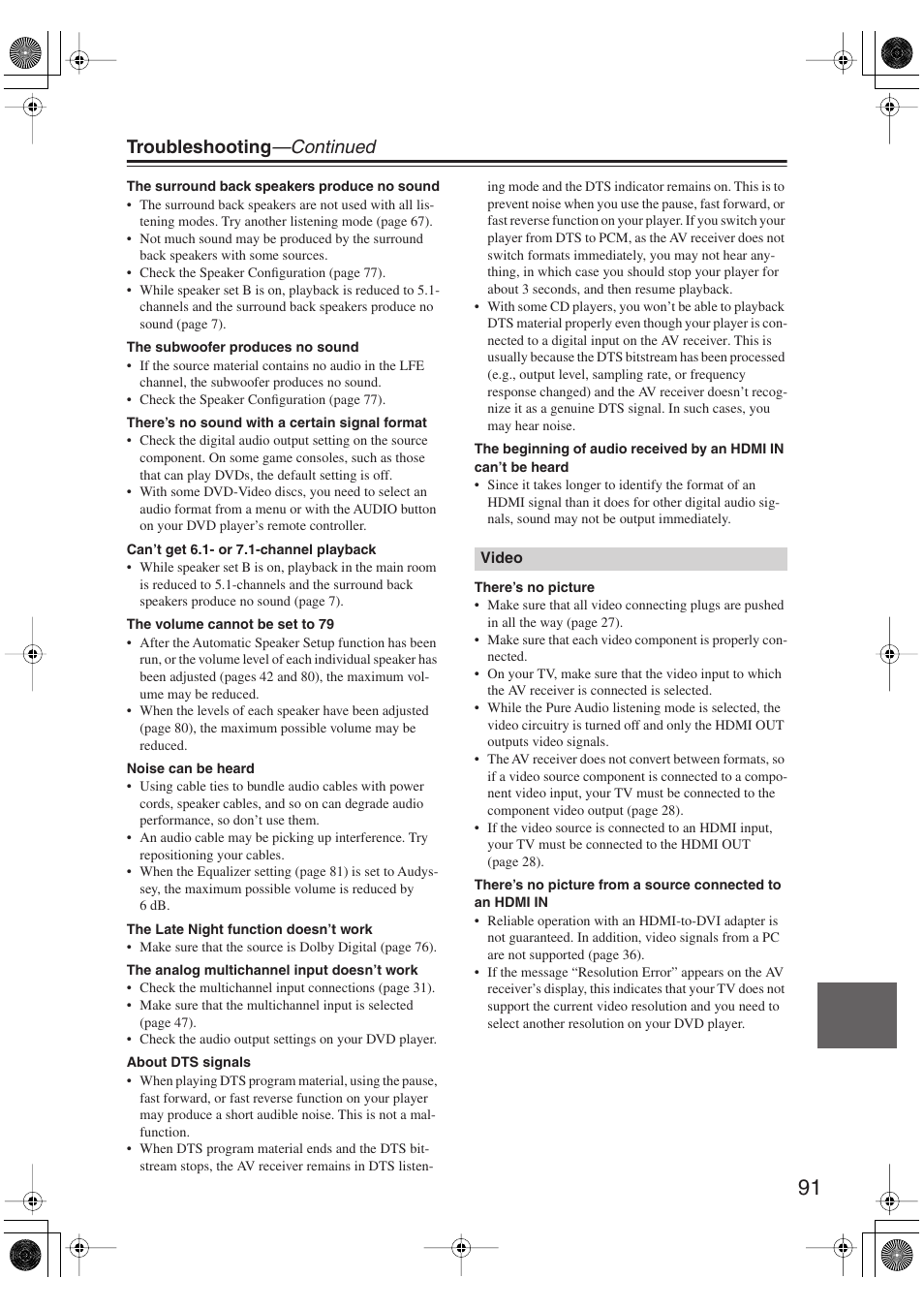 Troubleshooting —continued | Onkyo HT S5100 User Manual | Page 91 / 96
