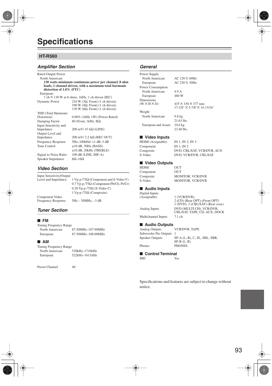 Specifications | Onkyo HT S5100 User Manual | Page 93 / 96
