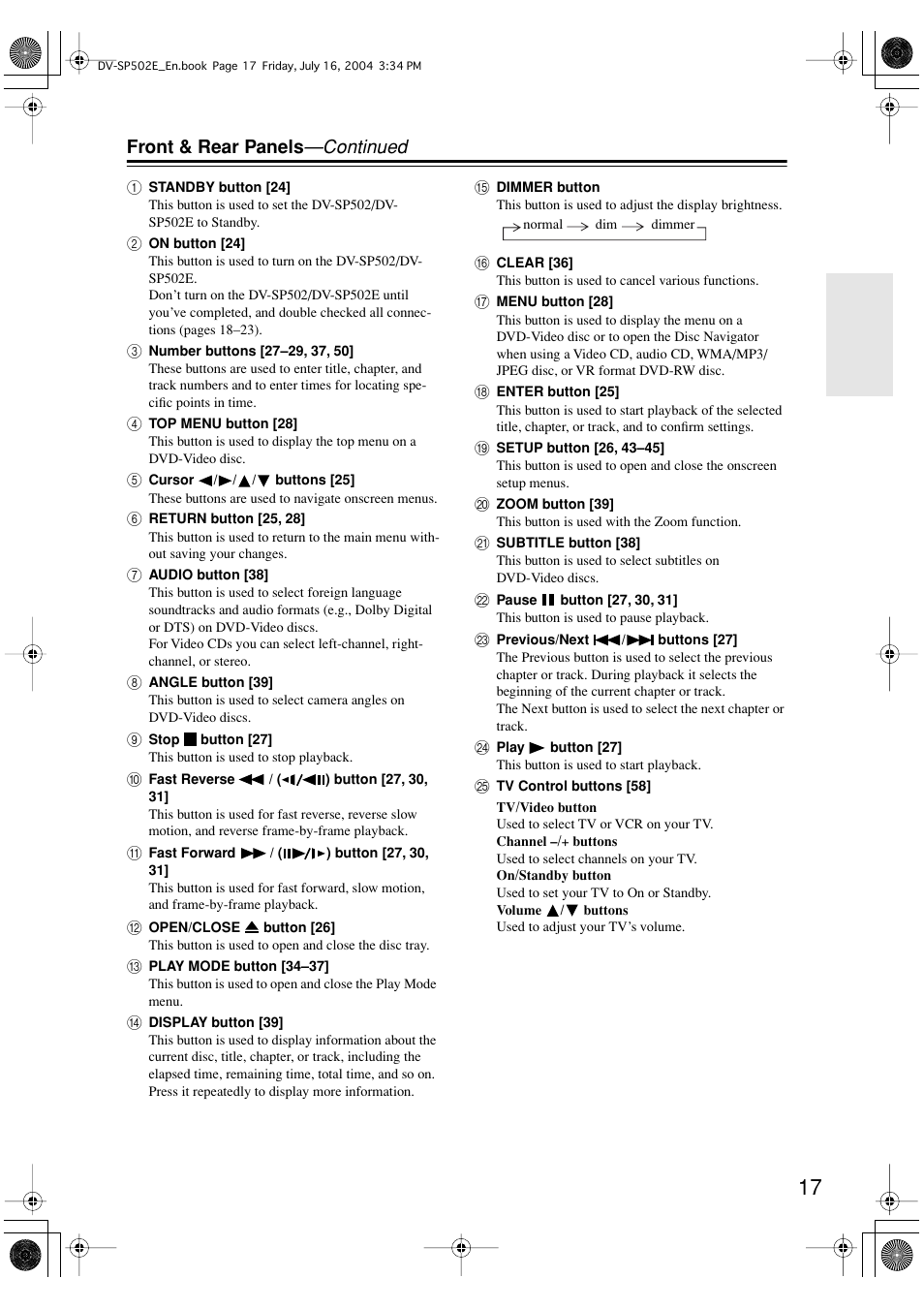 Front & rear panels —continued | Onkyo DV-SP502 User Manual | Page 17 / 68