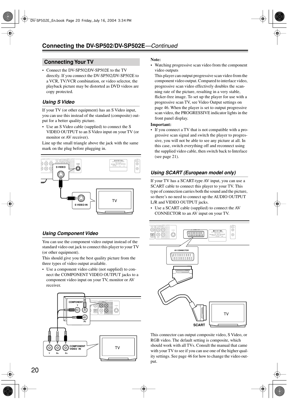 Connecting your tv, Using s video, Using component video | Using scart (european model only), Scart | Onkyo DV-SP502 User Manual | Page 20 / 68