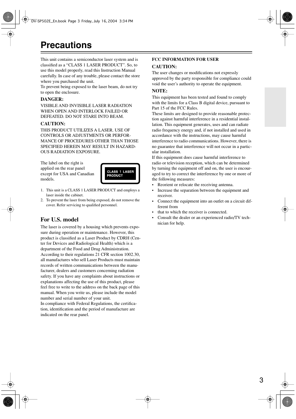 Precautions, For u.s. model | Onkyo DV-SP502 User Manual | Page 3 / 68