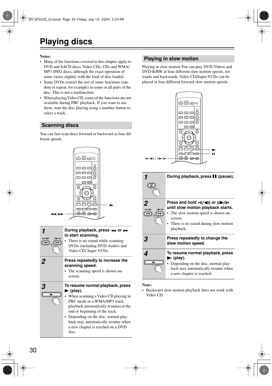 Playing discs, Scanning discs, Playing in slow motion | Onkyo DV-SP502 User Manual | Page 30 / 68