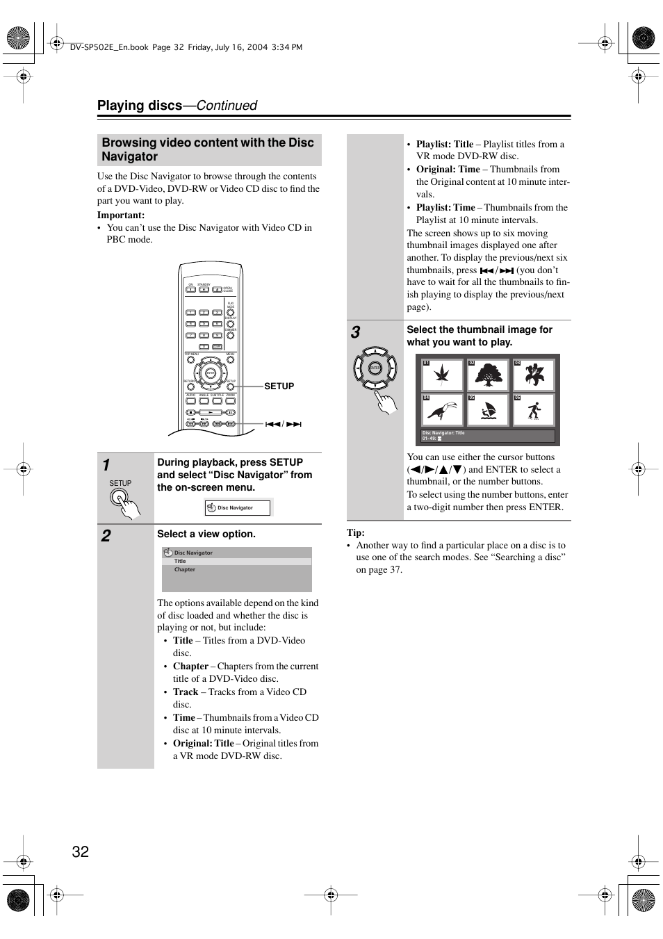 Playing discs —continued, Browsing video content with the disc navigator | Onkyo DV-SP502 User Manual | Page 32 / 68