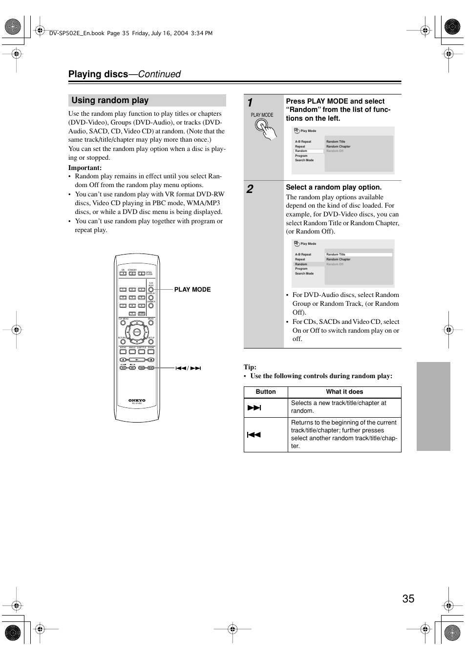 Playing discs —continued, Using random play | Onkyo DV-SP502 User Manual | Page 35 / 68