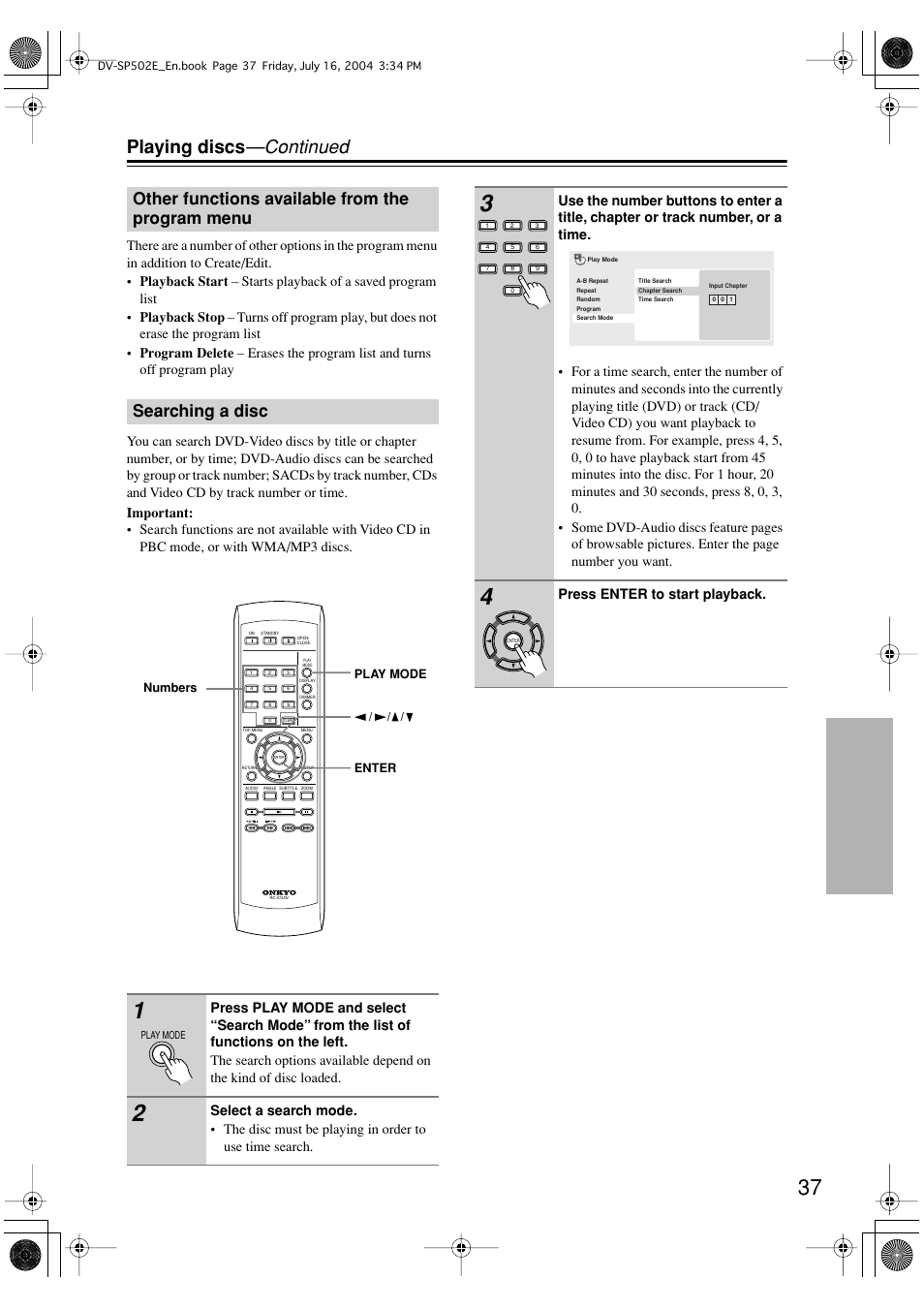 Playing discs —continued | Onkyo DV-SP502 User Manual | Page 37 / 68