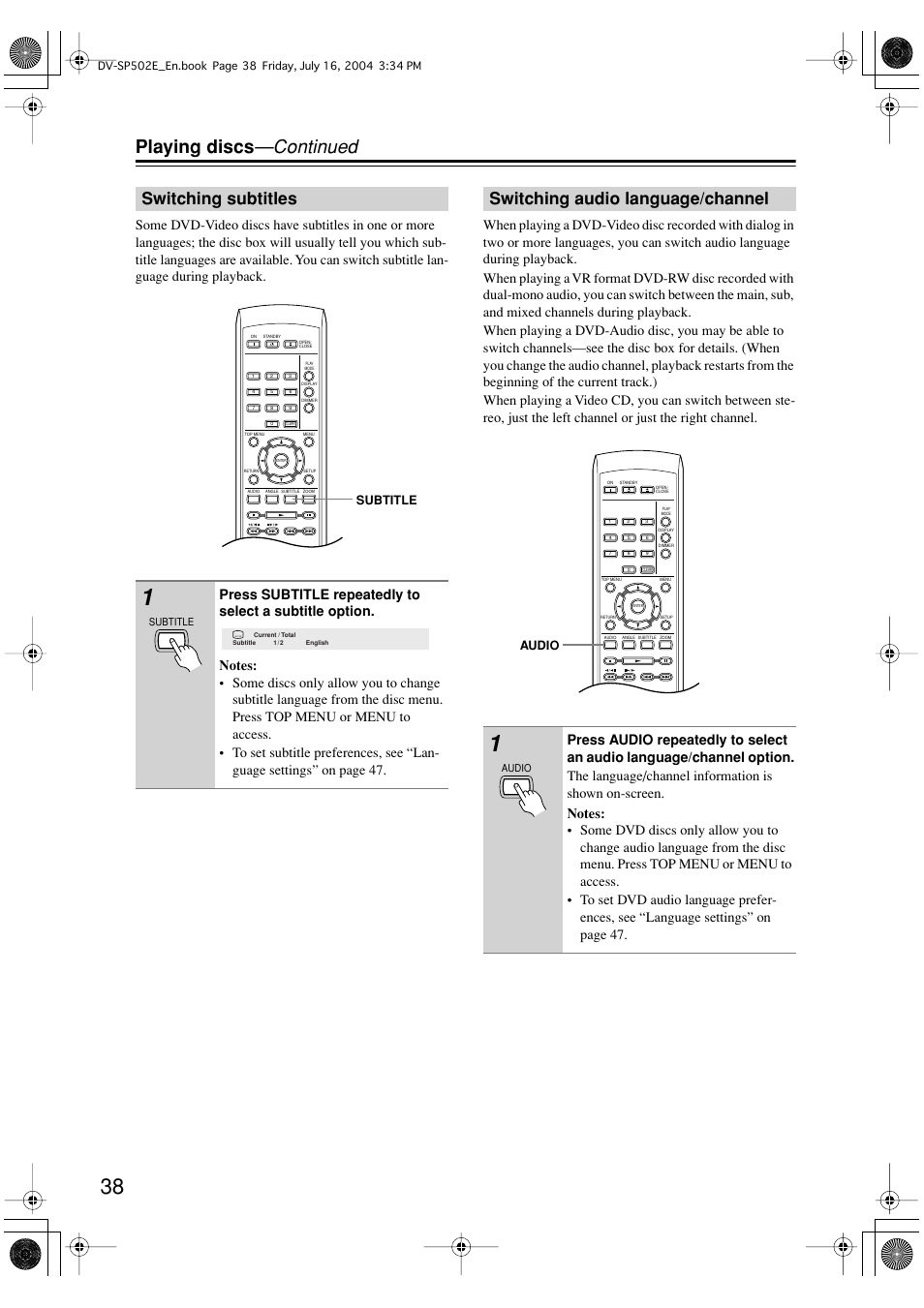 Playing discs —continued, Switching subtitles, Switching audio language/channel | Onkyo DV-SP502 User Manual | Page 38 / 68