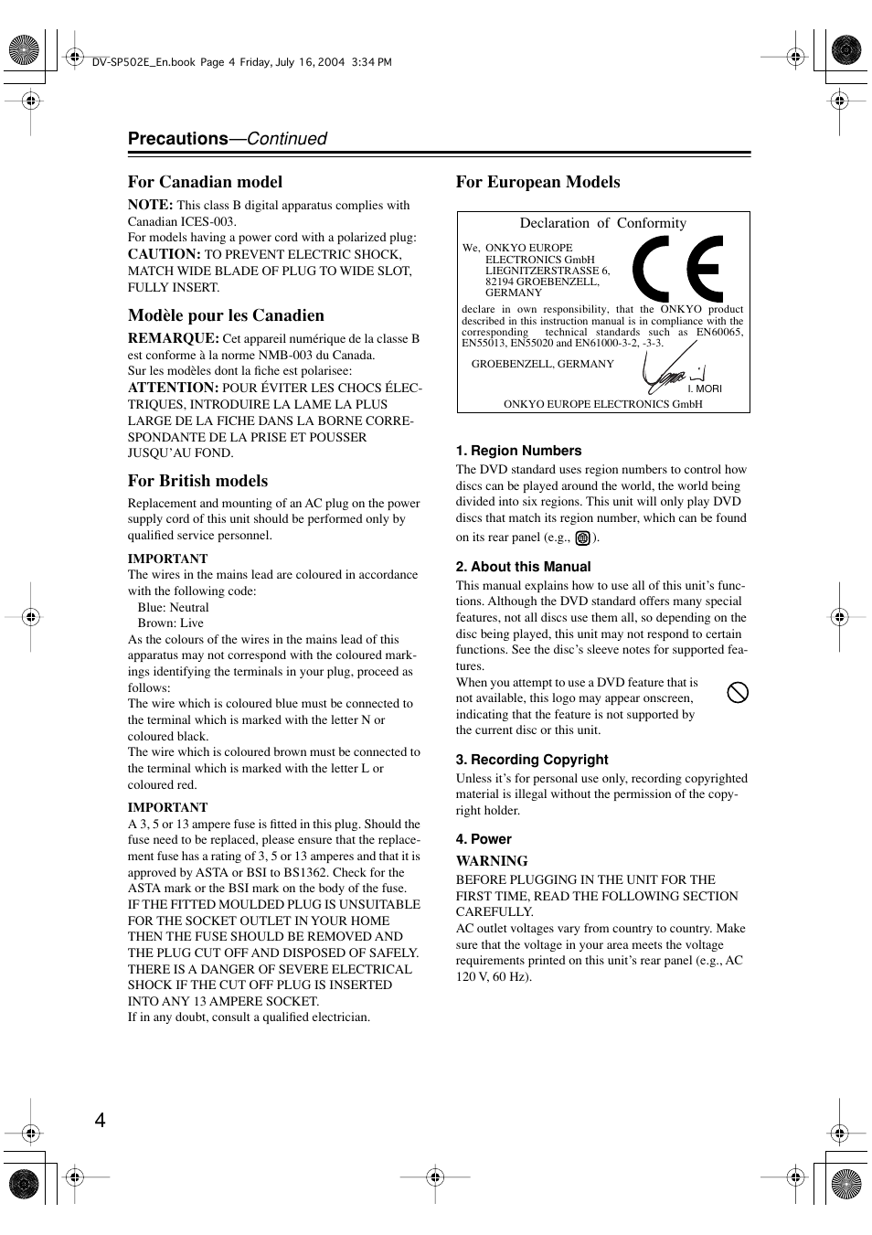 Precautions —continued for canadian model, Modèle pour les canadien, For british models | For european models | Onkyo DV-SP502 User Manual | Page 4 / 68