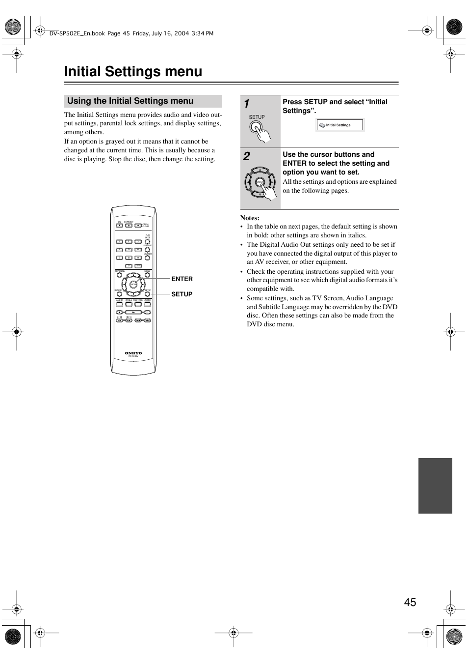 Initial settings menu, Using the initial settings menu | Onkyo DV-SP502 User Manual | Page 45 / 68