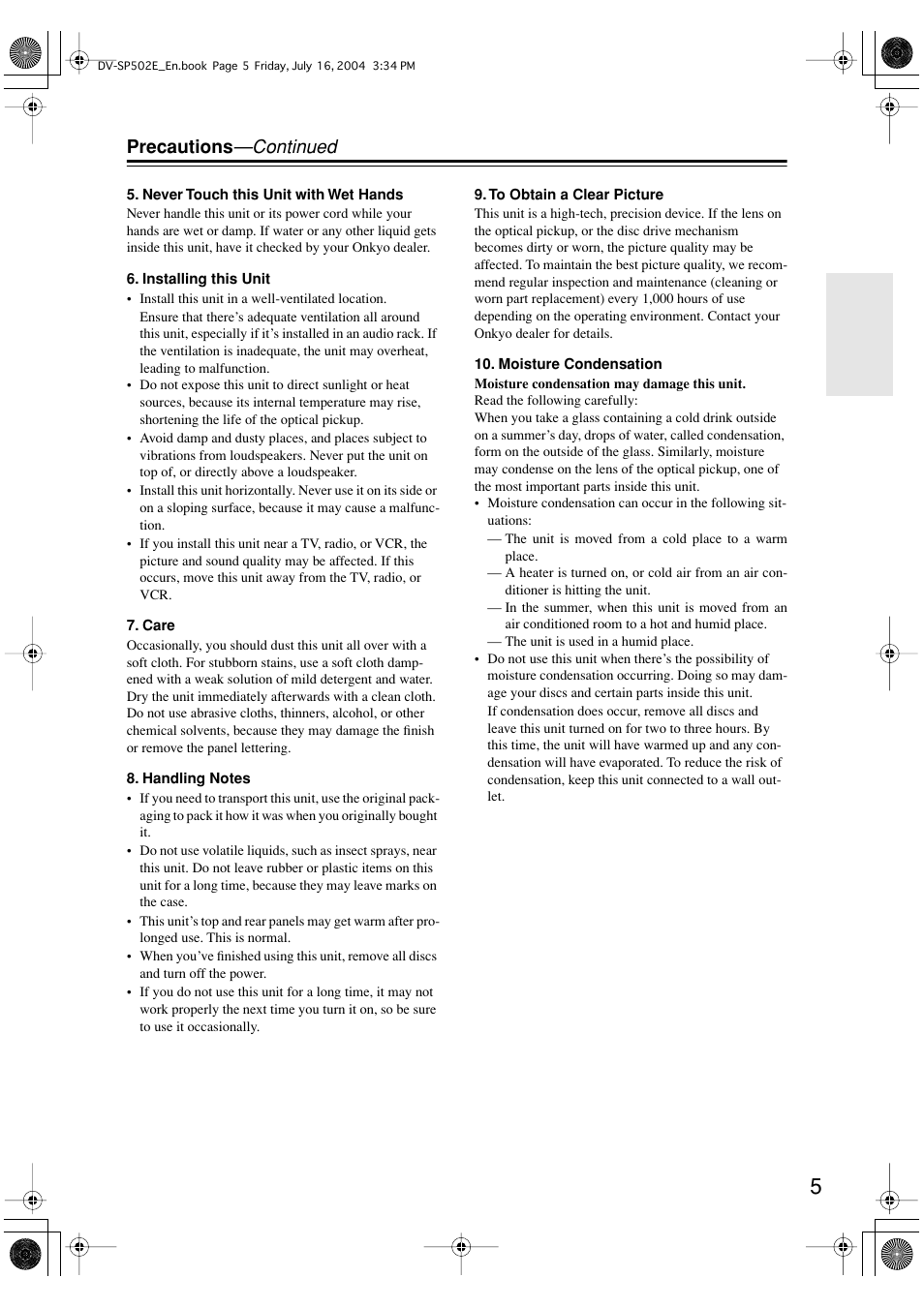 Precautions —continued | Onkyo DV-SP502 User Manual | Page 5 / 68