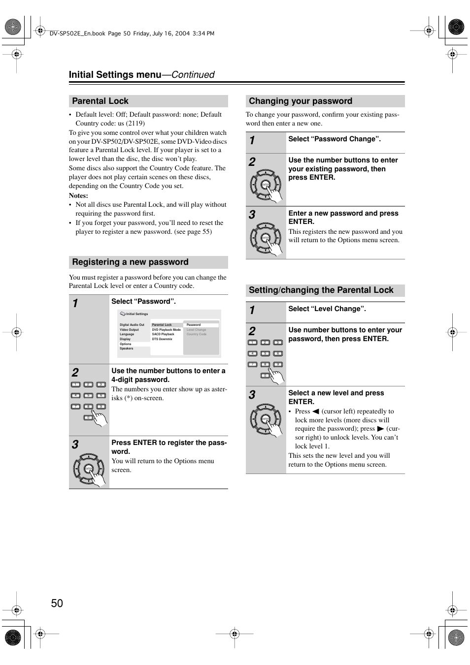 Initial settings menu —continued, Parental lock registering a new password, Changing your password | Setting/changing the parental lock | Onkyo DV-SP502 User Manual | Page 50 / 68