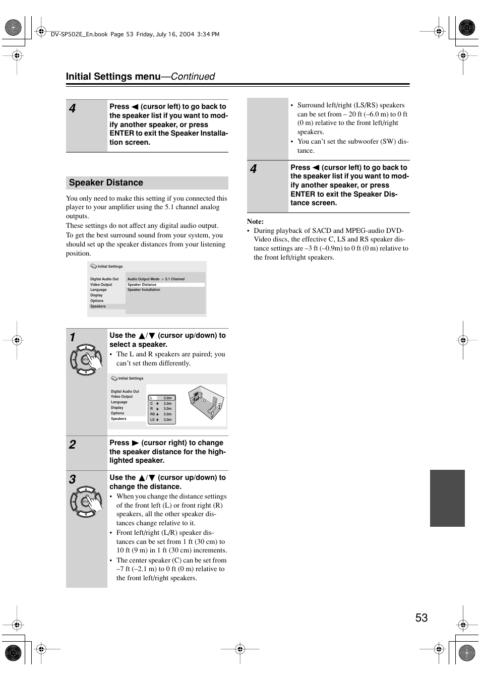 Initial settings menu —continued, Speaker distance | Onkyo DV-SP502 User Manual | Page 53 / 68