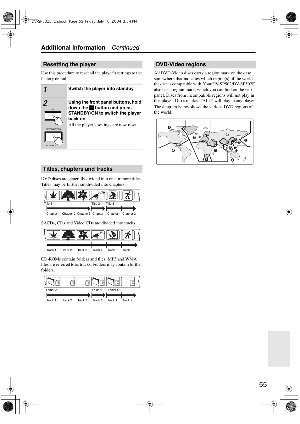 Additional information —continued, Resetting the player, Titles, chapters and tracks | Dvd-video regions | Onkyo DV-SP502 User Manual | Page 55 / 68