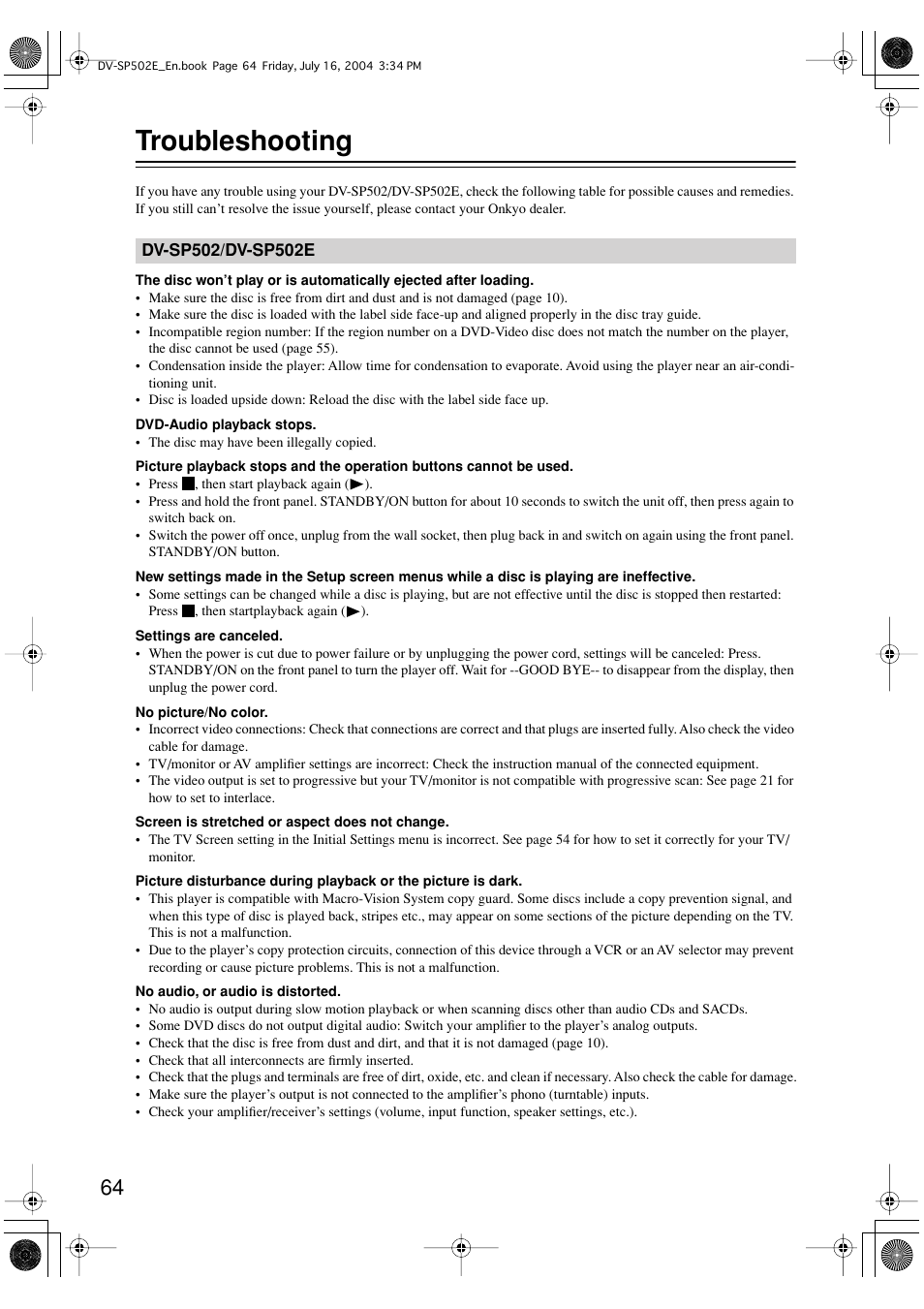 Troubleshooting | Onkyo DV-SP502 User Manual | Page 64 / 68