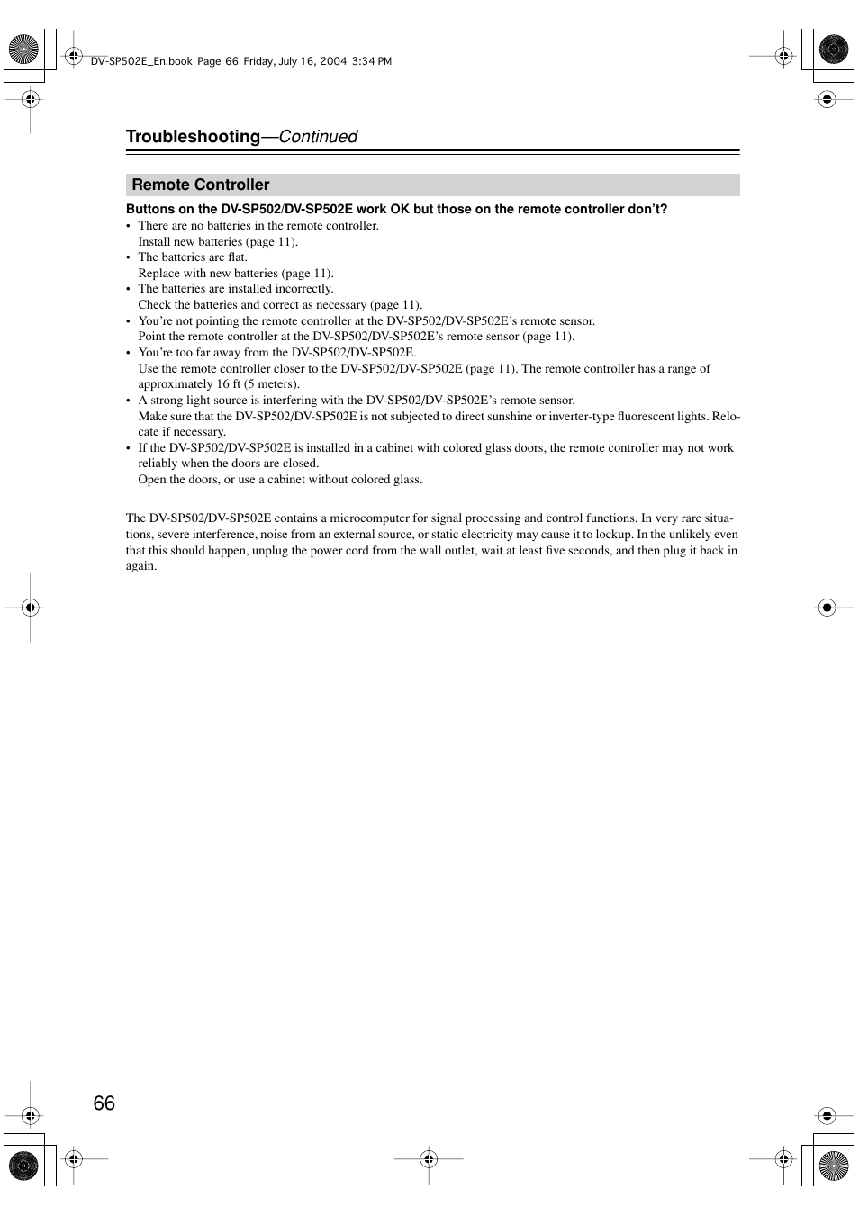 Troubleshooting —continued | Onkyo DV-SP502 User Manual | Page 66 / 68