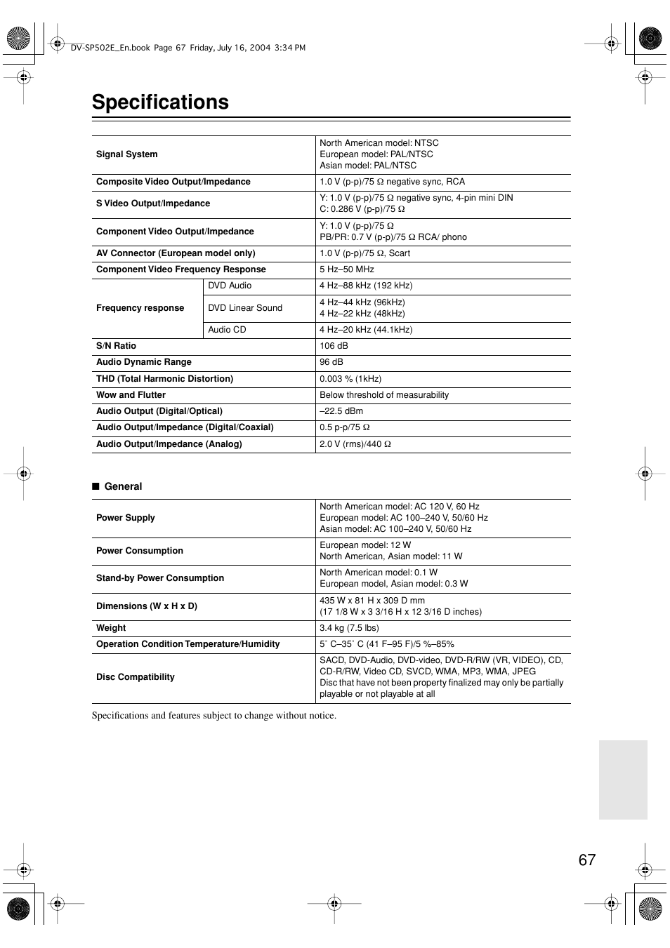 Specifications | Onkyo DV-SP502 User Manual | Page 67 / 68