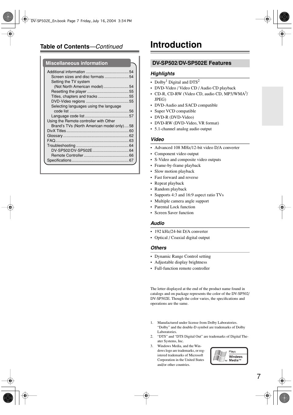 Introduction, Table of contents —continued | Onkyo DV-SP502 User Manual | Page 7 / 68