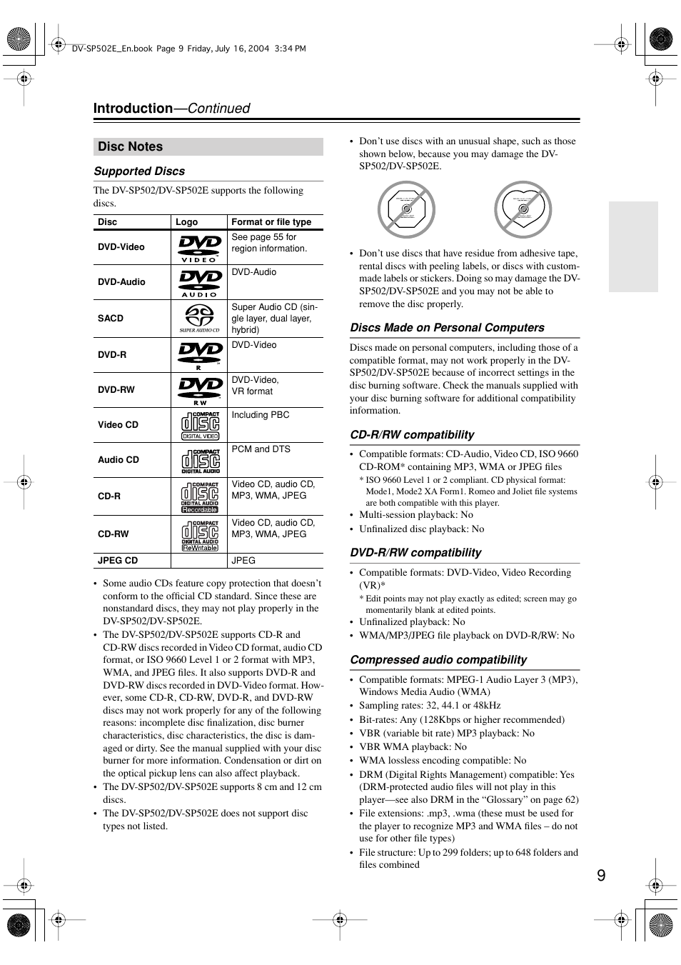 Introduction —continued | Onkyo DV-SP502 User Manual | Page 9 / 68