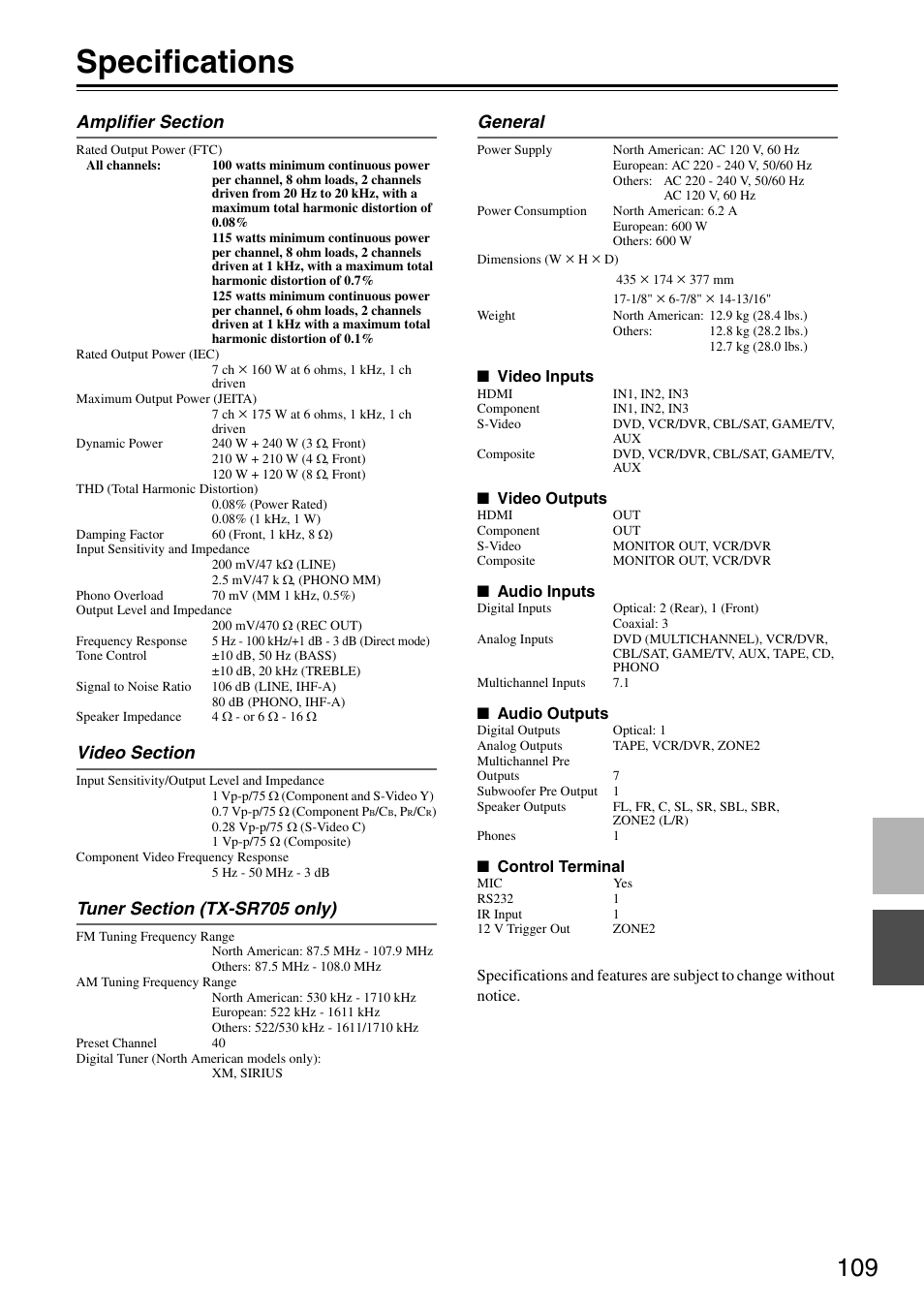 Specifications | Onkyo TX-SA705 User Manual | Page 109 / 116