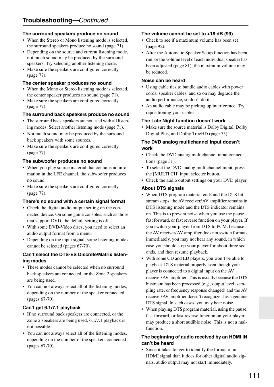 Troubleshooting —continued | Onkyo TX-SA705 User Manual | Page 111 / 116