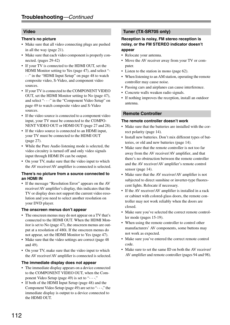 Troubleshooting —continued | Onkyo TX-SA705 User Manual | Page 112 / 116