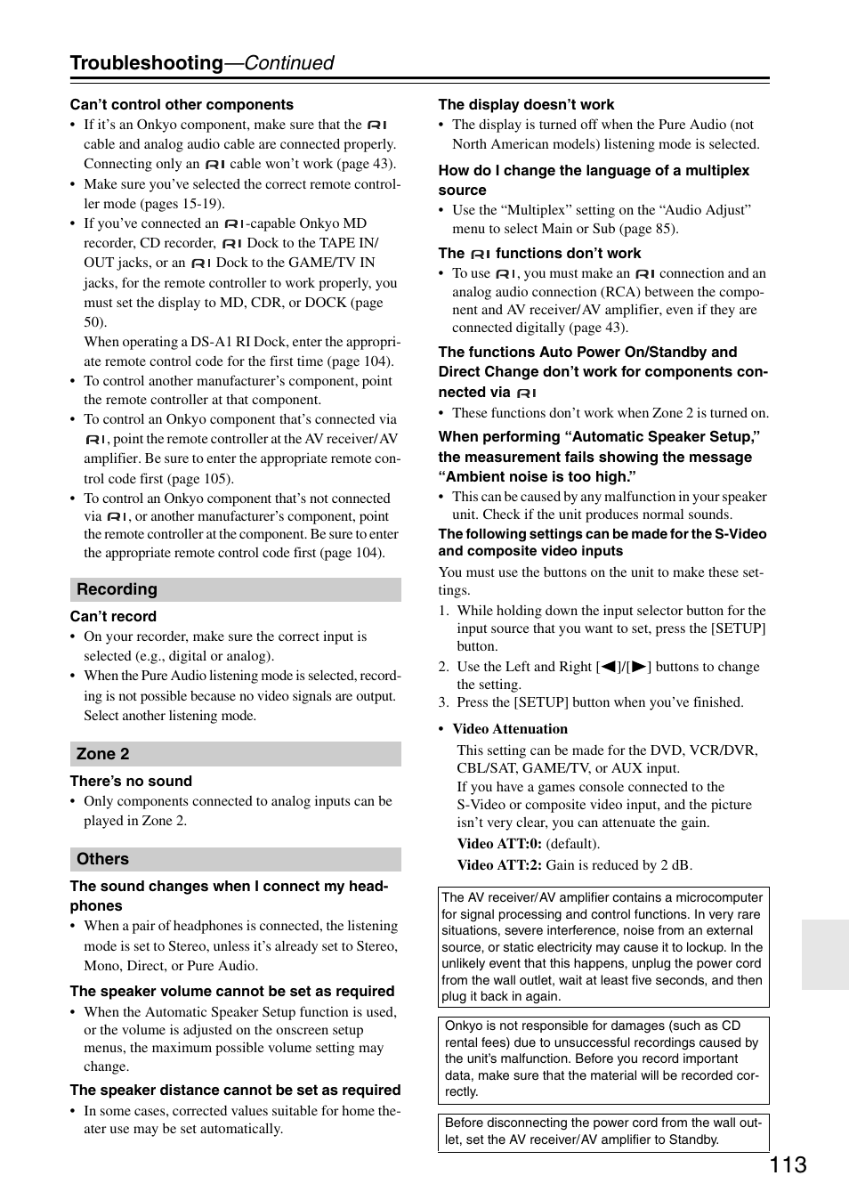 Troubleshooting —continued | Onkyo TX-SA705 User Manual | Page 113 / 116