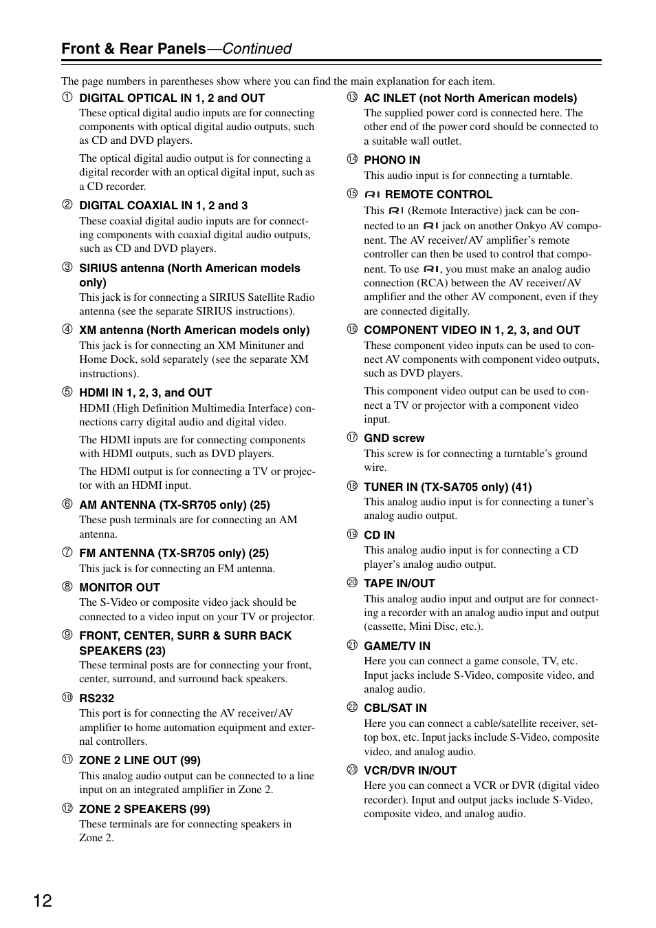 Front & rear panels —continued | Onkyo TX-SA705 User Manual | Page 12 / 116