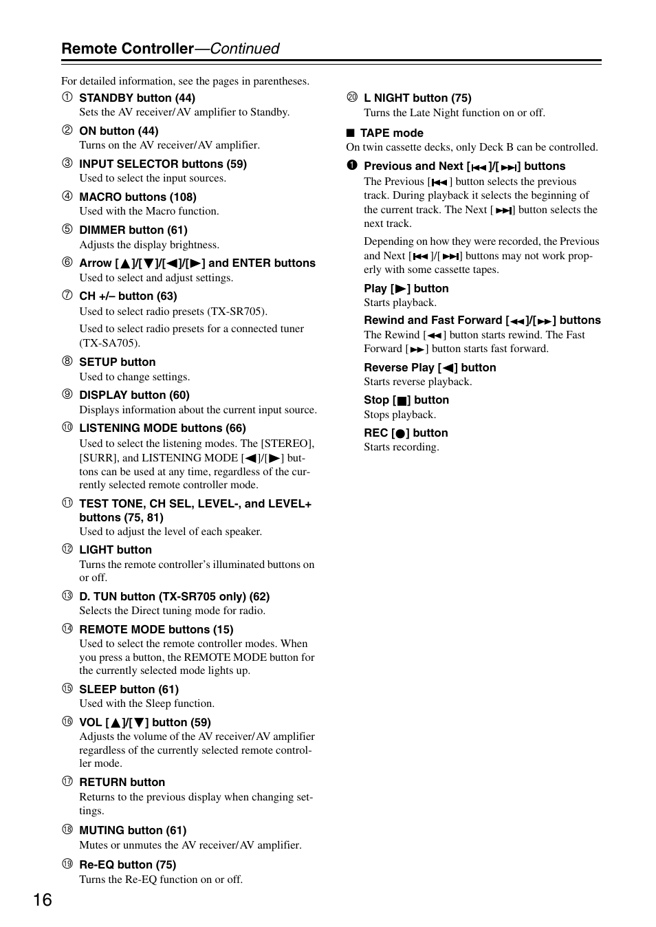 Remote controller —continued | Onkyo TX-SA705 User Manual | Page 16 / 116