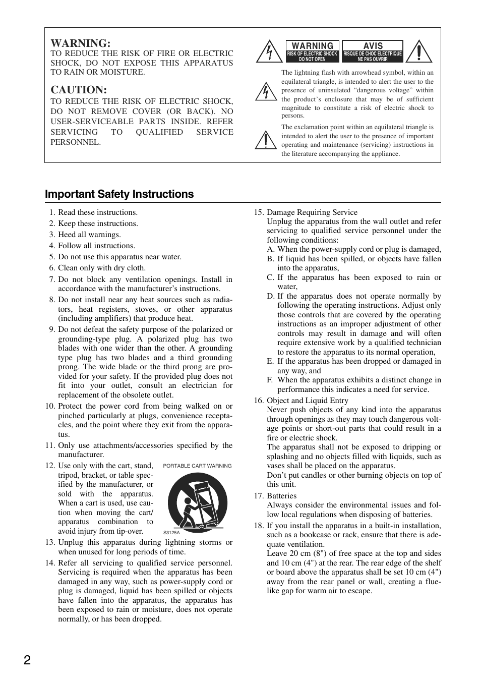 Important safety instructions, Warning, Caution | Onkyo TX-SA705 User Manual | Page 2 / 116