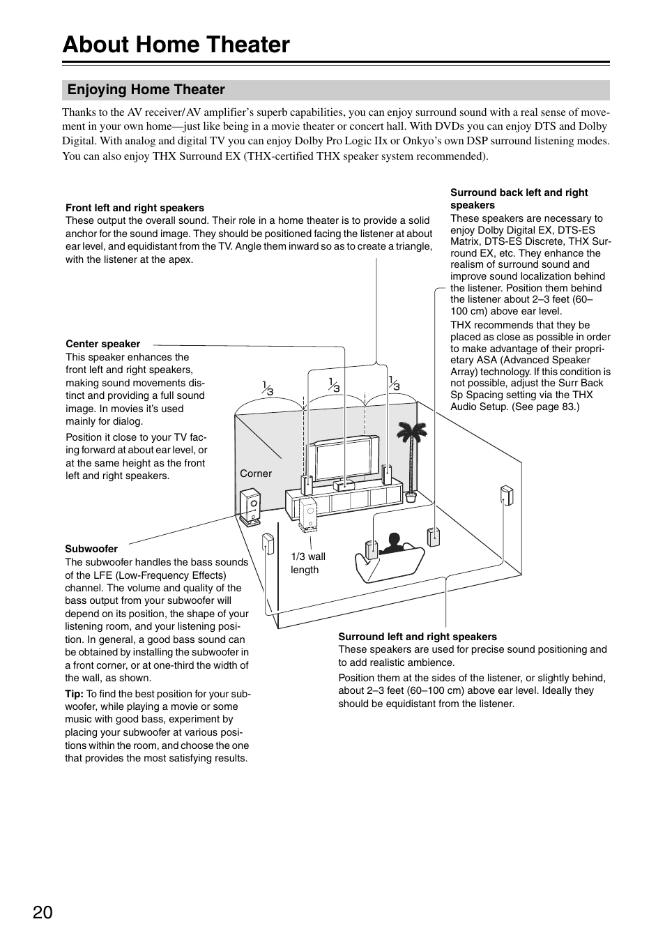 About home theater | Onkyo TX-SA705 User Manual | Page 20 / 116