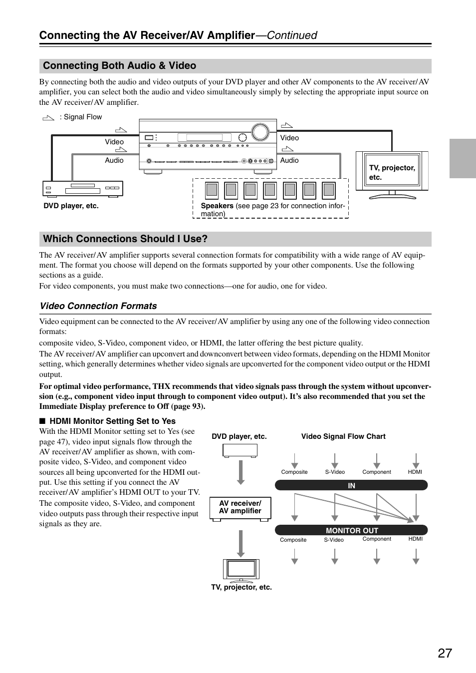 Connecting the av receiver/av amplifier —continued, Connecting both audio & video, Which connections should i use | Onkyo TX-SA705 User Manual | Page 27 / 116