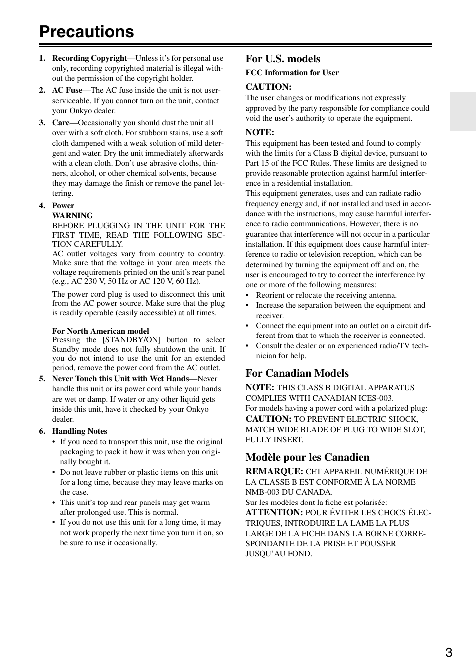 Precautions, For u.s. models, For canadian models | Modèle pour les canadien | Onkyo TX-SA705 User Manual | Page 3 / 116