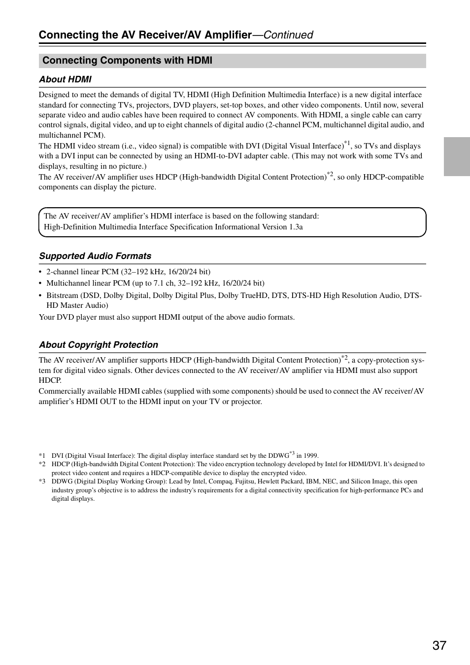 Connecting the av receiver/av amplifier —continued, Connecting components with hdmi | Onkyo TX-SA705 User Manual | Page 37 / 116