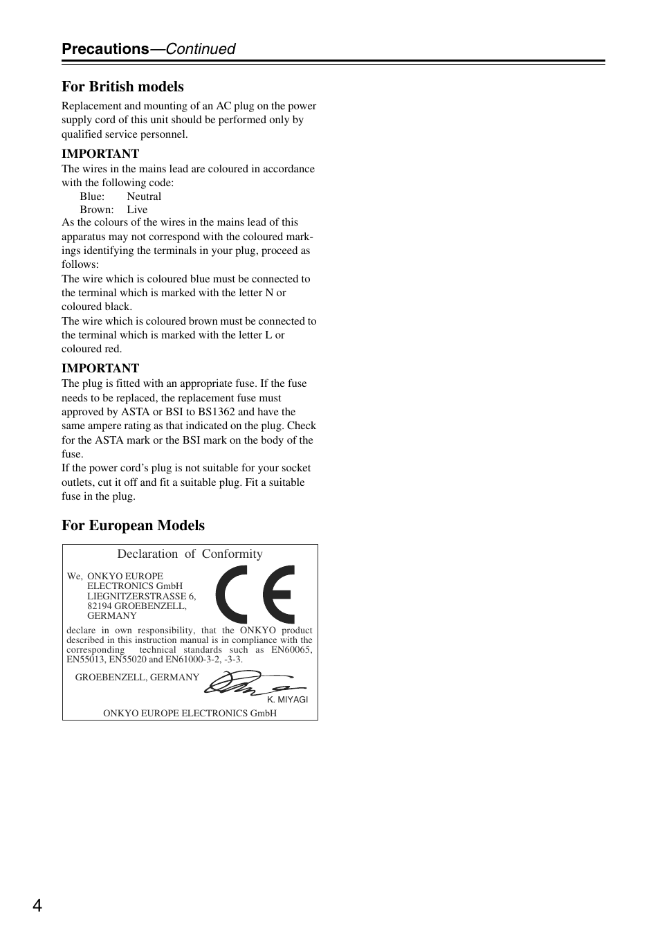 Precautions —continued for british models, For european models | Onkyo TX-SA705 User Manual | Page 4 / 116