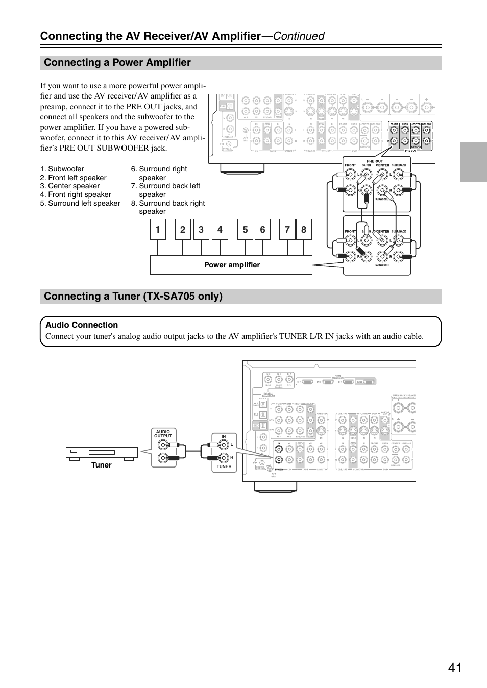 Connecting the av receiver/av amplifier —continued, Connecting a power amplifier, Connecting a tuner (tx-sa705 only) | Onkyo TX-SA705 User Manual | Page 41 / 116