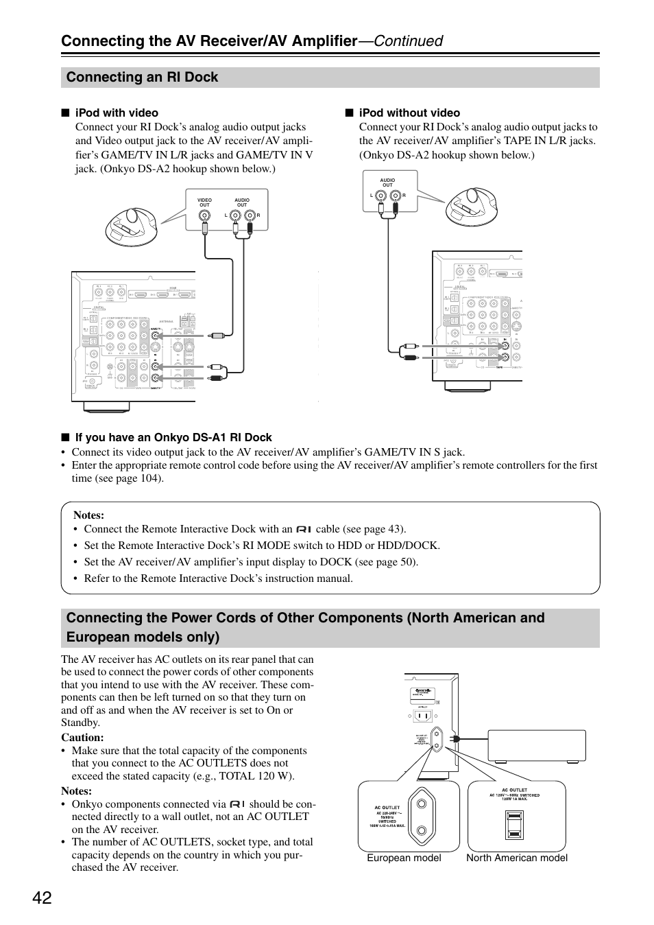 Connecting the av receiver/av amplifier —continued, Connecting an ri dock | Onkyo TX-SA705 User Manual | Page 42 / 116