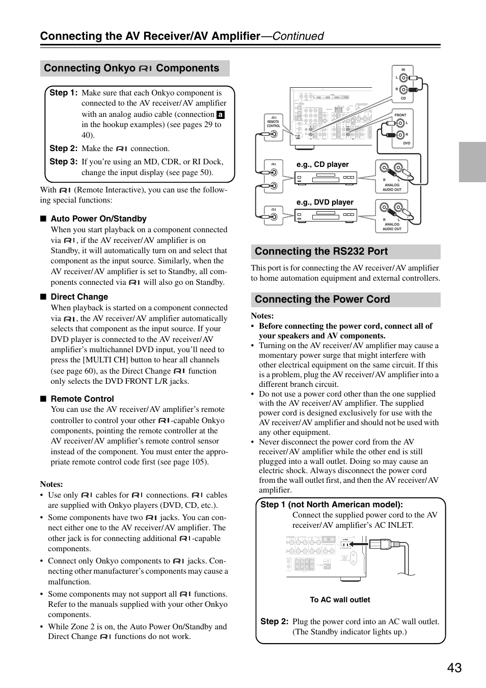 Connecting the av receiver/av amplifier —continued, Connecting onkyo components | Onkyo TX-SA705 User Manual | Page 43 / 116