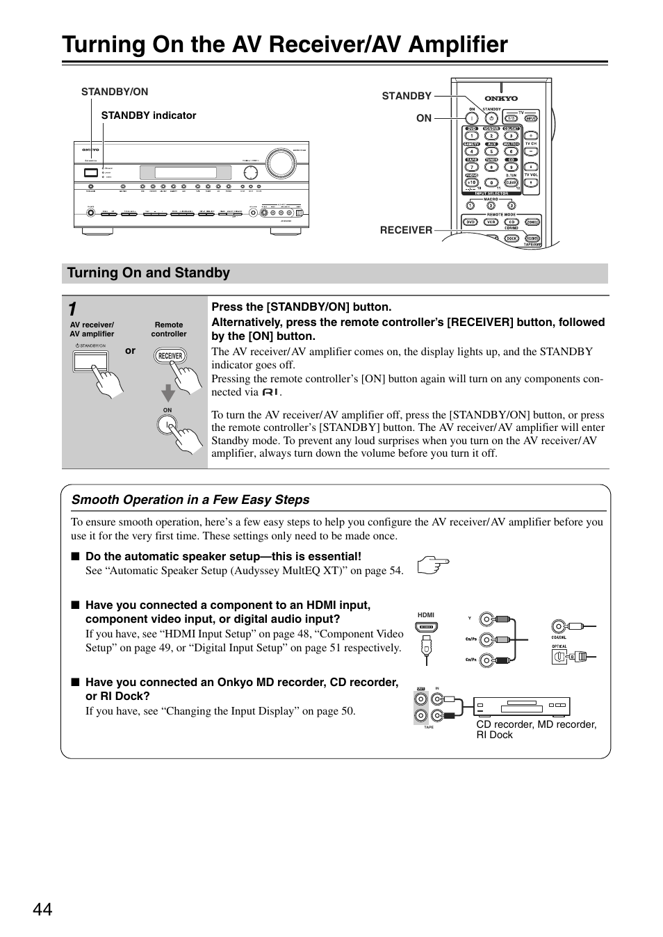 Turning on the av receiver/av amplifier, Turning on and standby | Onkyo TX-SA705 User Manual | Page 44 / 116