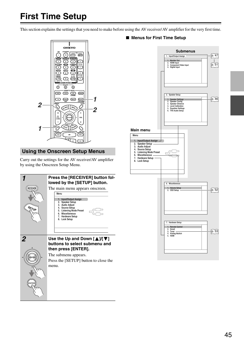 First time setup, Using the onscreen setup menus | Onkyo TX-SA705 User Manual | Page 45 / 116