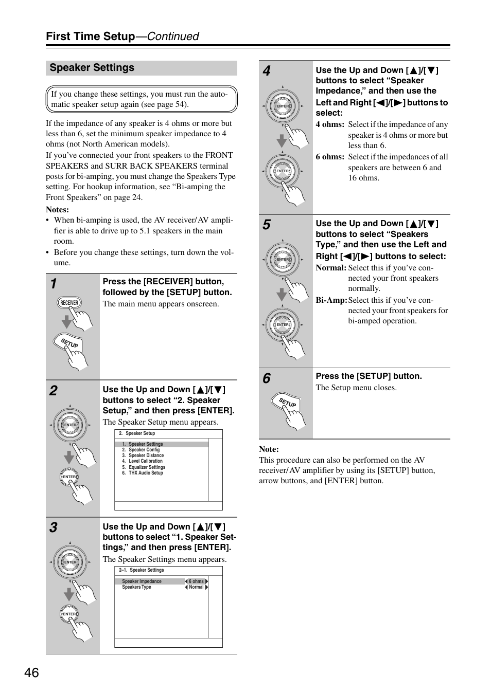 First time setup —continued, Speaker settings | Onkyo TX-SA705 User Manual | Page 46 / 116