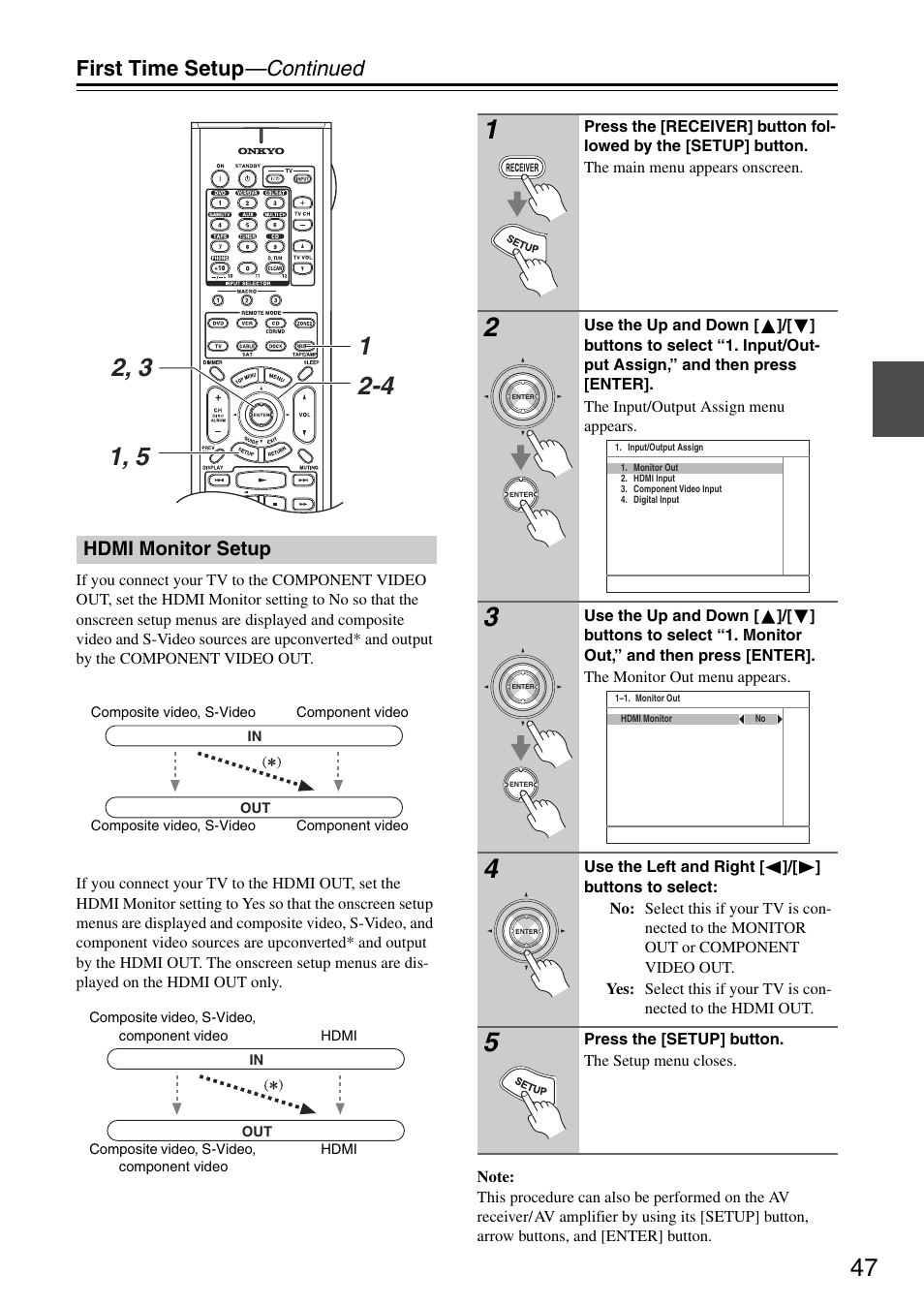 First time setup —continued, Hdmi monitor setup | Onkyo TX-SA705 User Manual | Page 47 / 116