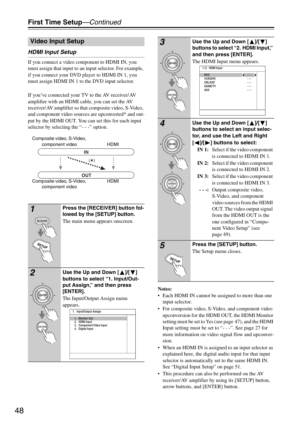 First time setup —continued, Video input setup | Onkyo TX-SA705 User Manual | Page 48 / 116