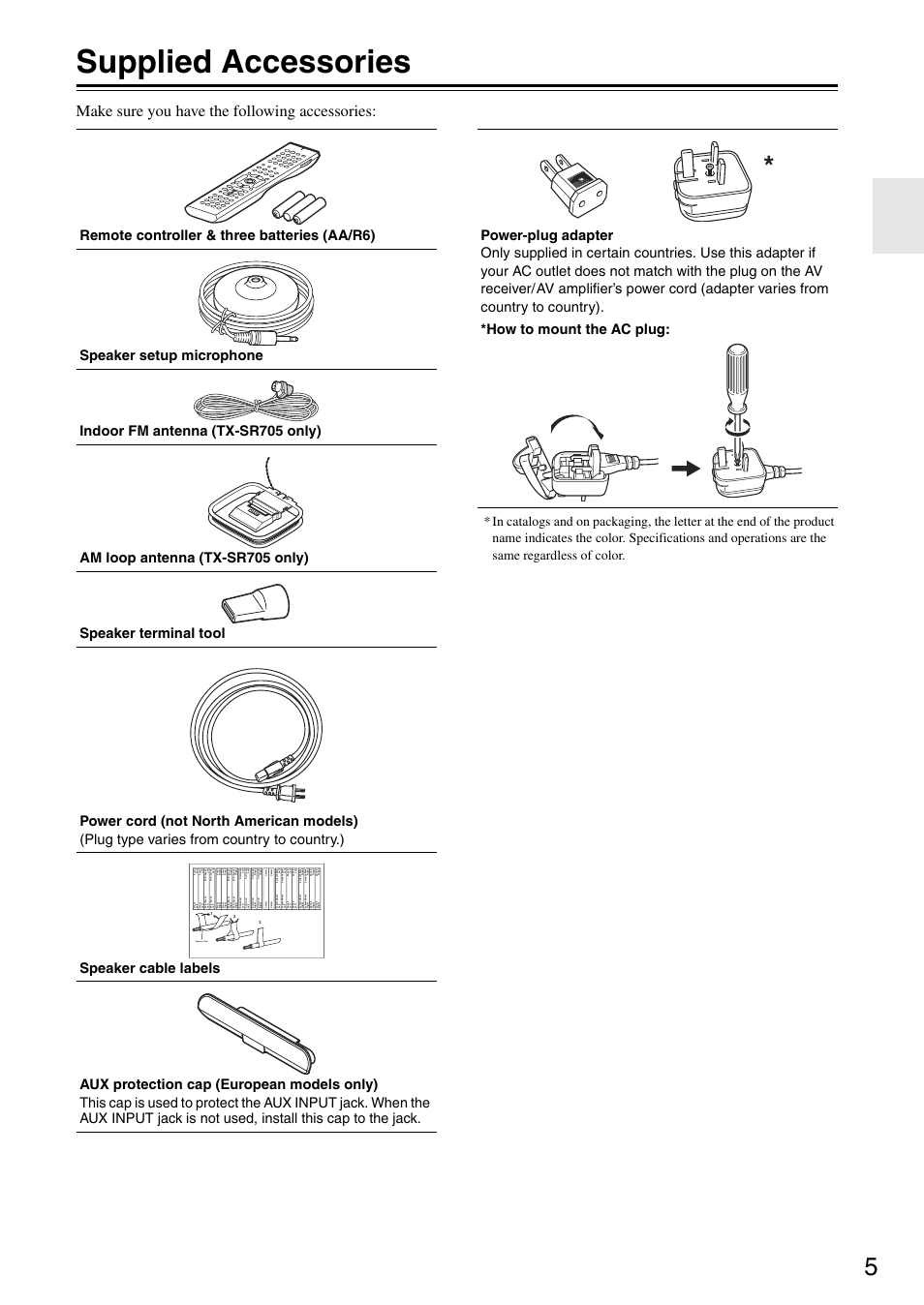 Supplied accessories, Make sure you have the following accessories | Onkyo TX-SA705 User Manual | Page 5 / 116