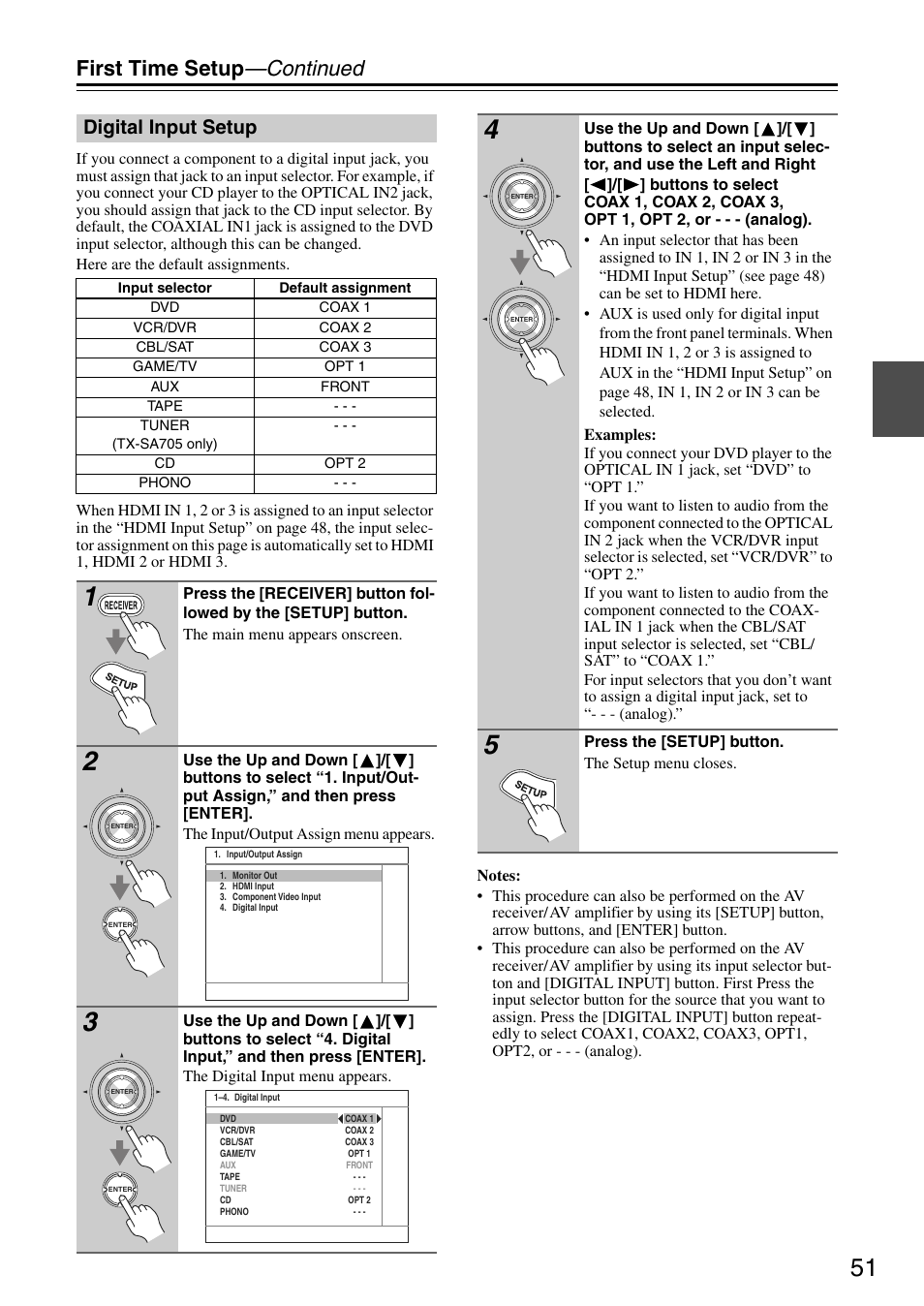 First time setup —continued, Digital input setup | Onkyo TX-SA705 User Manual | Page 51 / 116