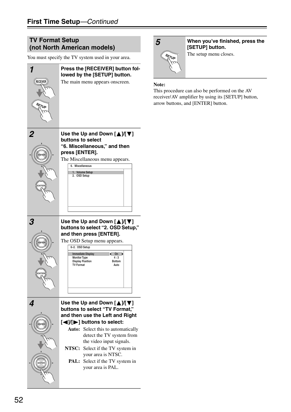 First time setup —continued, Tv format setup (not north american models) | Onkyo TX-SA705 User Manual | Page 52 / 116