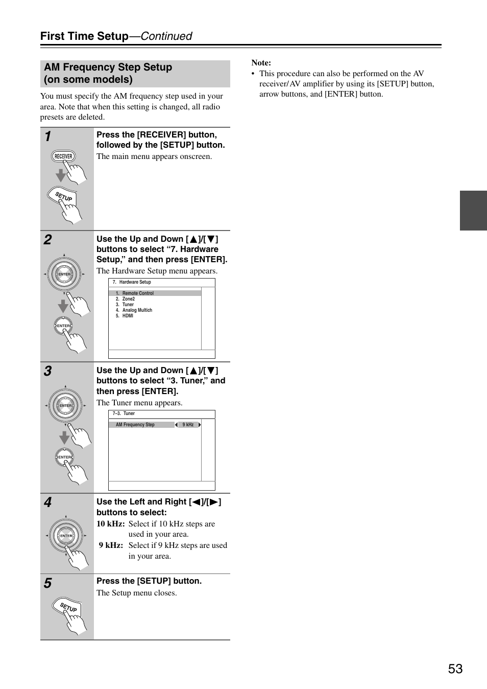 First time setup —continued, Am frequency step setup (on some models) | Onkyo TX-SA705 User Manual | Page 53 / 116