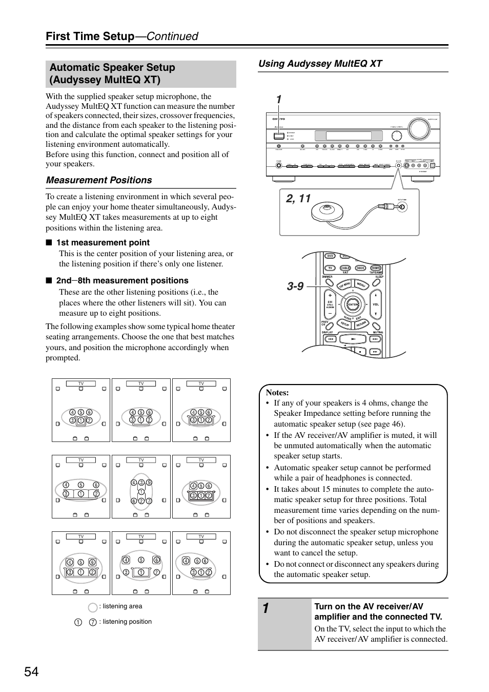 First time setup —continued, Automatic speaker setup (audyssey multeq xt) | Onkyo TX-SA705 User Manual | Page 54 / 116