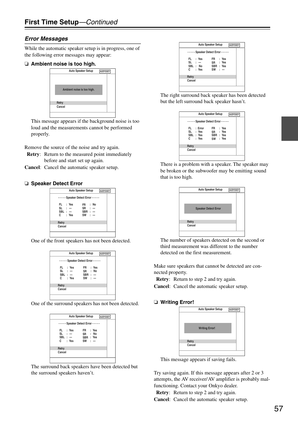 First time setup —continued, Error messages | Onkyo TX-SA705 User Manual | Page 57 / 116