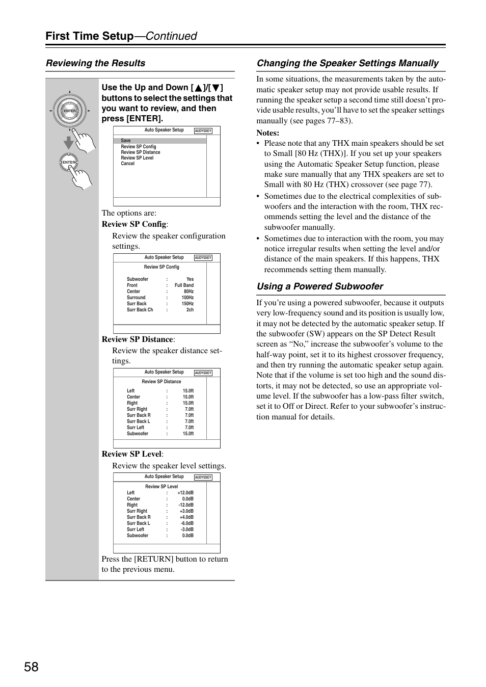 First time setup —continued, Using a powered subwoofer | Onkyo TX-SA705 User Manual | Page 58 / 116
